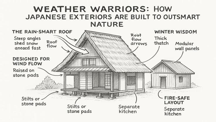 Japanese Traditional Houses_ Everything You Need to Know Illustration of Japanese architecture showing weather-resistant design features like rain-smart roofs, stilts, and modular walls. | Sky Rye Design Illustration of Japanese architecture showing weather-resistant design features like rain-smart roofs, stilts, and modular walls.