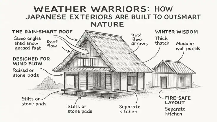 Illustration of Japanese architecture showing weather-resistant design features like rain-smart roofs, stilts, and modular walls.