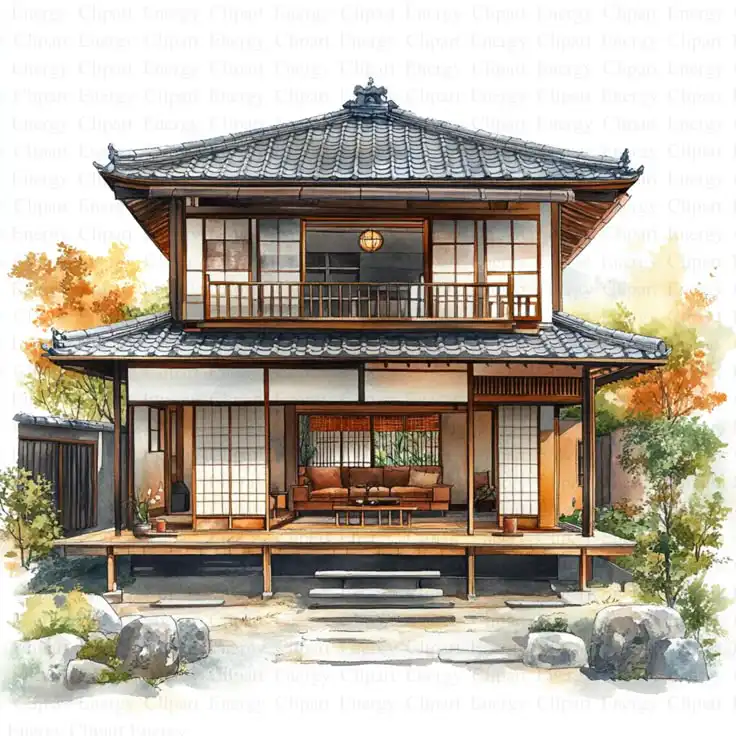 Traditional Japanese house with sliding doors, wooden architecture, and a serene garden, showcasing classic Zen-inspired design elements.