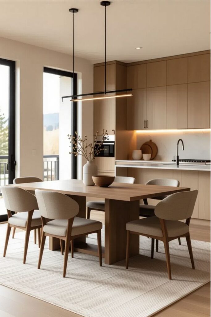 Kitchen Table Sizing_ Avoid Common Mistakes for Seamless Integration Modern dining area with wooden table, six beige chairs, and elegant pendant lighting. Minimalist kitchen in the background. | Sky Rye Design Modern dining area with wooden table, six beige chairs, and elegant pendant lighting. Minimalist kitchen in the background.