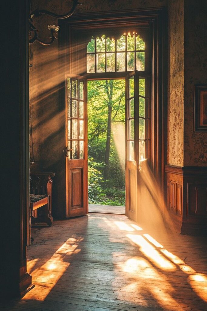 Landscape Photography Essentials Sunlight streaming through open wooden doors, illuminating an empty room and revealing lush greenery outside. | Sky Rye Design Sunlight streaming through open wooden doors, illuminating an empty room and revealing lush greenery outside.