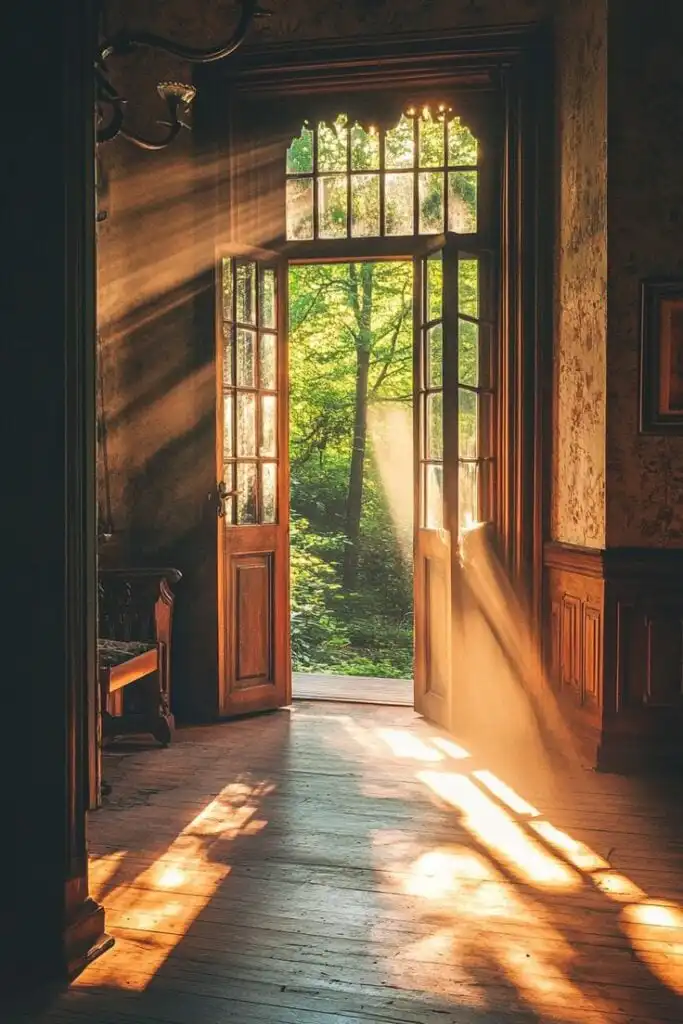 Sunlight streaming through open wooden doors, illuminating an empty room and revealing lush greenery outside.