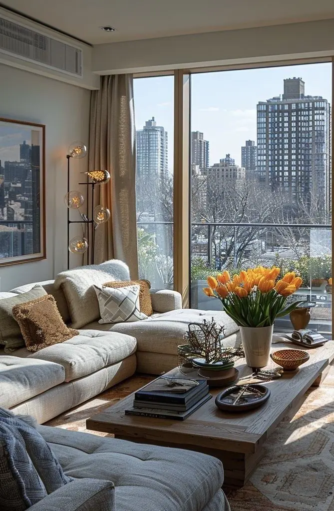 Modern living room with beige sofa, orange tulips on a wooden table, and large window with urban cityscape view. Cozy, stylish decor.
