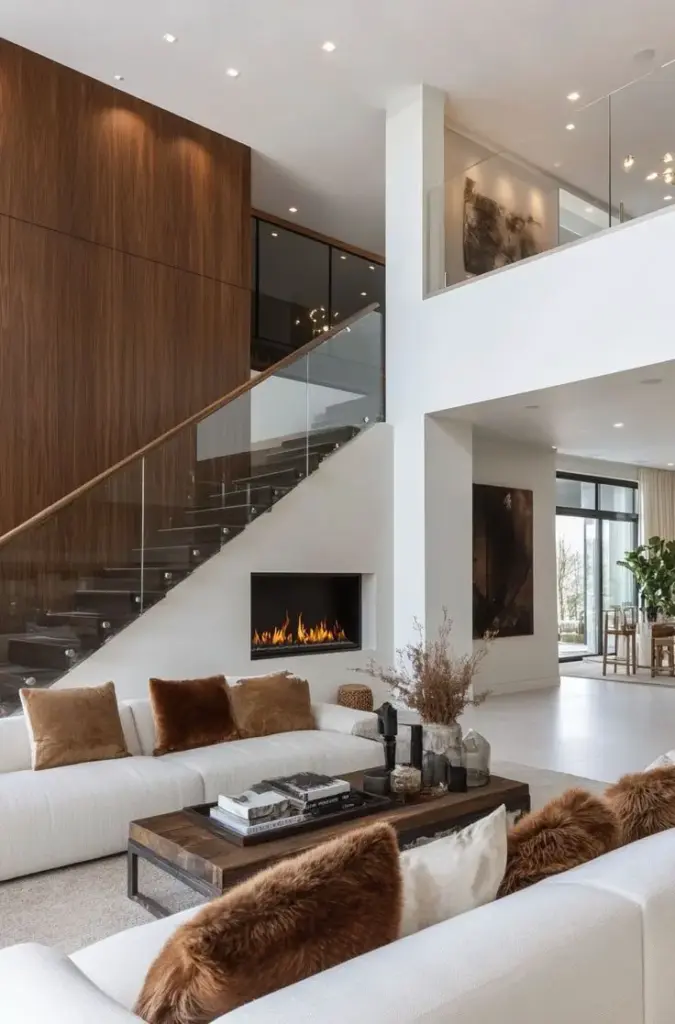 Modern living room with white sofas, stylish wooden accents, and a cozy fireplace under a glass-paneled staircase.