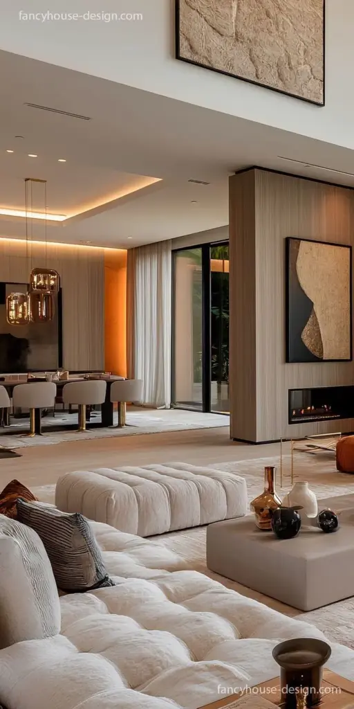 Elegant modern living room with plush seating, stylish decor, large windows, and artwork, creating a luxurious and inviting ambiance.