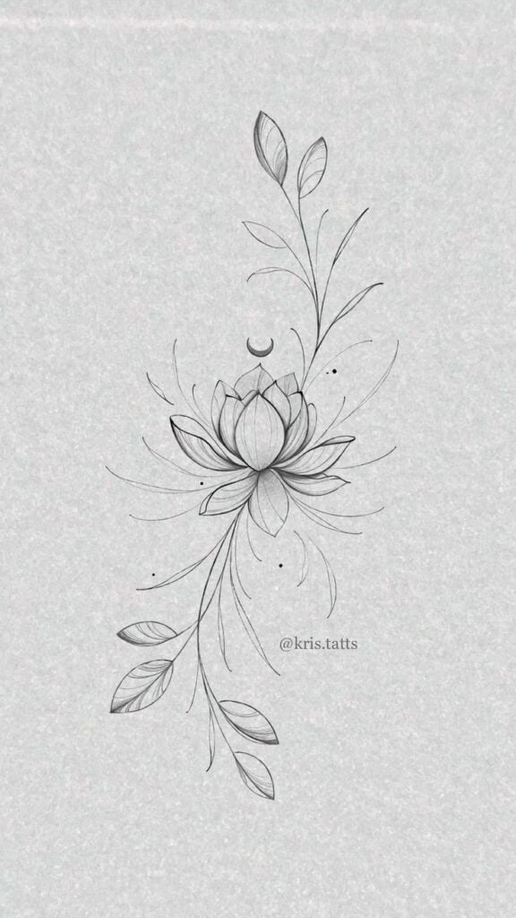 Minimalist lotus tattoo design with delicate leaves and crescent moon detailing, ideal for nature-themed body art enthusiasts.