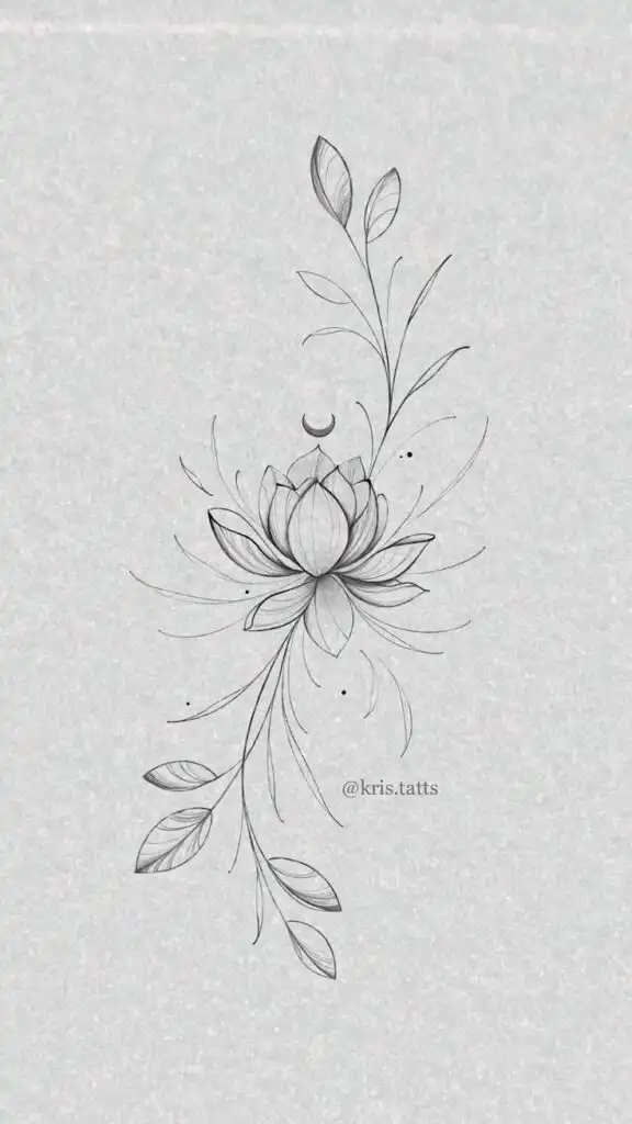 Minimalist lotus tattoo design with delicate leaves and crescent moon detailing, ideal for nature-themed body art enthusiasts.