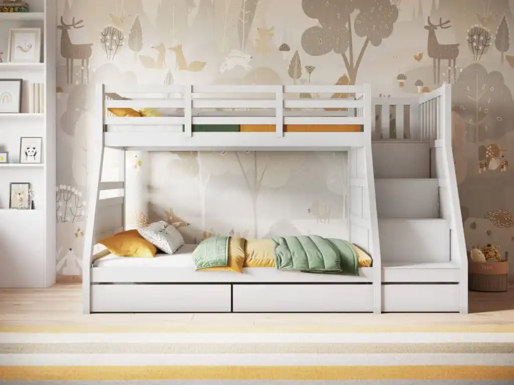 White bunk bed with staircase in a children's room featuring woodland themed wallpaper and colorful pillows, creating a