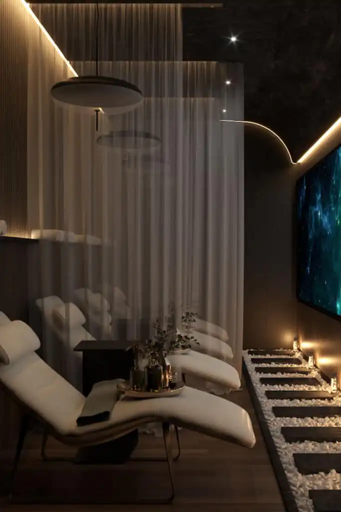 Luxurious spa interior with elegant loungers, ambient lighting, a starry ceiling, and a tranquil pathway creating a soothing relaxation space.