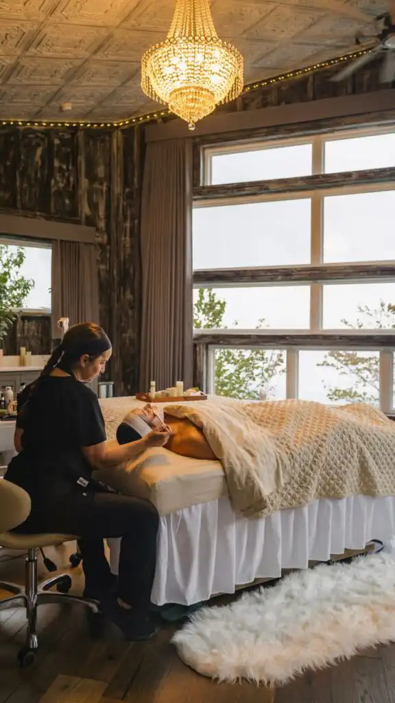 Luxurious spa room with a therapist giving a relaxing facial treatment under a stunning chandelier next to panoramic windows.