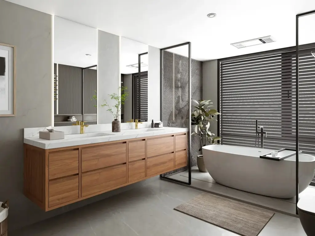 Modern bathroom design with freestanding bathtub, wooden cabinets, large mirrors, and natural light through blinds, creating
