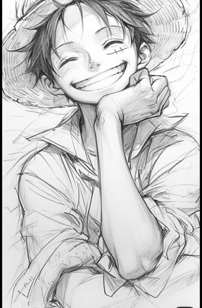 Manga Art Style 2 Sketch of a smiling anime character wearing a straw hat, showcasing detailed expressive eyes and a joyful expression. | Sky Rye Design Sketch of a smiling anime character wearing a straw hat, showcasing detailed expressive eyes and a joyful expression.