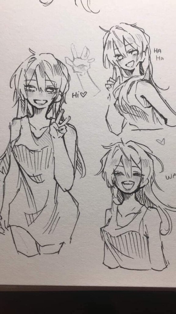 Manga Art Style 5 Sketch of a cheerful anime girl making peace signs with playful expressions and handwritten notes like Hi and Ha Ha. | Sky Rye Design Sketch of a cheerful anime girl making peace signs with playful expressions and handwritten notes like Hi and Ha Ha.