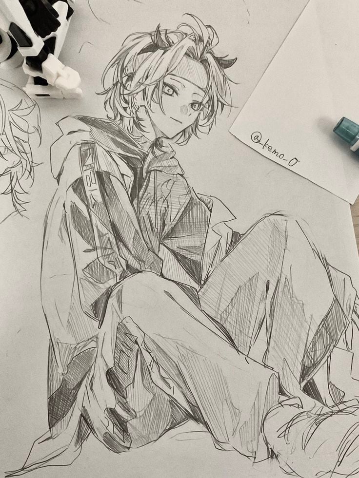 Manga Art Style 6 Black and white anime sketch of a character with horns and a headband, sitting in a relaxed pose with detailed shading and a soft expression. | Sky Rye Design Black and white anime sketch of a character with horns and a headband, sitting in a relaxed pose with detailed shading and a soft expression.