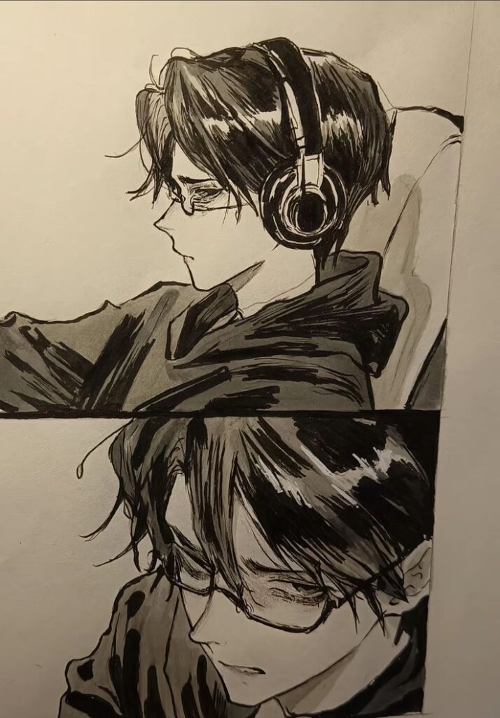 Manga Art Style 7 Anime sketch of a person in glasses and headphones, deep in thought, captured in two frames for dual perspectives. | Sky Rye Design Anime sketch of a person in glasses and headphones, deep in thought, captured in two frames for dual perspectives.
