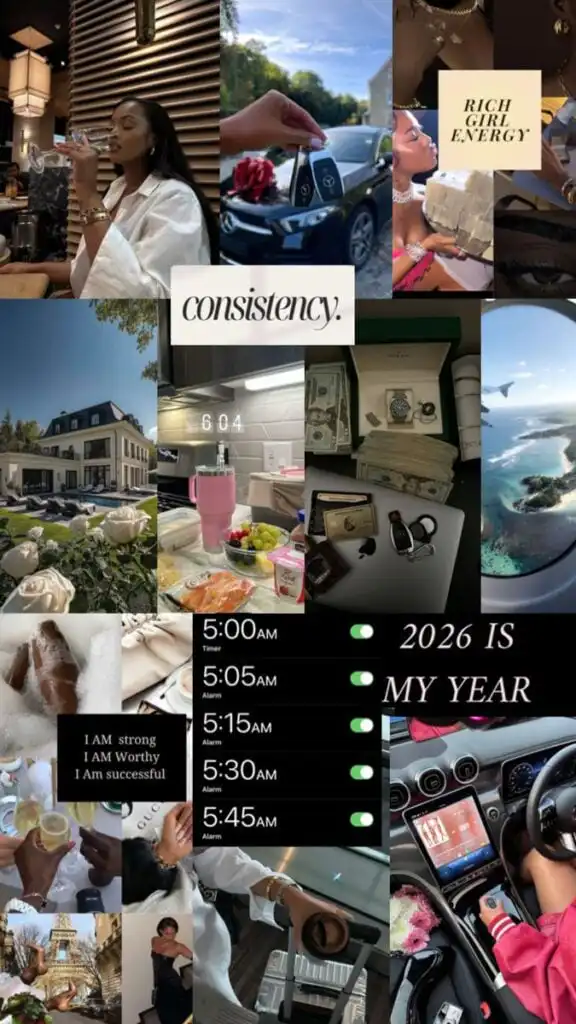 Manifest abundance in 2026 Simple vision board ideas to attract wealth money and success_ 2026VisionBoard ManifestMoney WealthGoals_ Vision board collage: luxury lifestyle, empowerment affirmations, early alarms, travel scenes, and inspirational text for 2026 goals. | Sky Rye Design Vision board collage: luxury lifestyle, empowerment affirmations, early alarms, travel scenes, and inspirational text for 2026 goals.