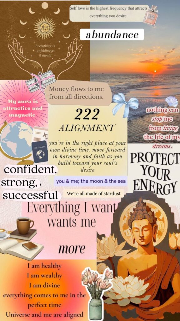 Manifestation Vision Board _ Abundance Alignment Self-Love ✨ Inspirational collage with affirmations of abundance, positivity, and self-love. Features images of nature, a Buddha, and motivational quotes. | Sky Rye Design Inspirational collage with affirmations of abundance, positivity, and self-love. Features images of nature, a Buddha, and motivational quotes.