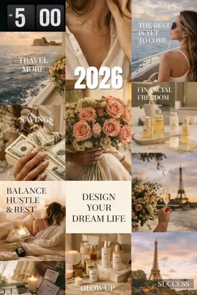 Manifesting Your Life _ 2026 Vision Board Vision board for 2026: Travel, savings, balance, and success. Achieve financial freedom and design your dream life with positivity. | Sky Rye Design Vision board for 2026: Travel, savings, balance, and success. Achieve financial freedom and design your dream life with positivity.