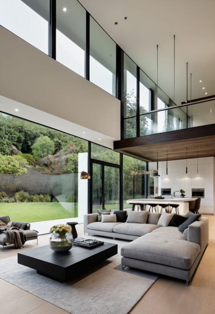 Maximize the Benefits of Natural Light Modern living room with floor-to-ceiling windows, gray sectional sofa, and open kitchen, overlooking a lush green garden. | Sky Rye Design Modern living room with floor-to-ceiling windows, gray sectional sofa, and open kitchen, overlooking a lush green garden.