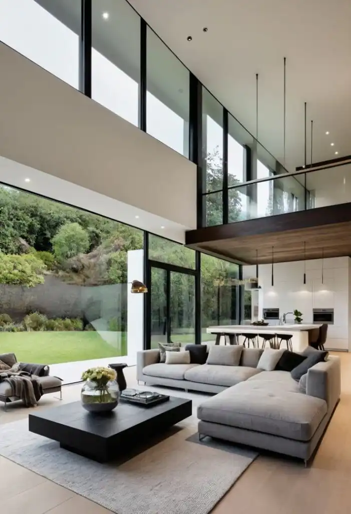 Maximize the Benefits of Natural Light Modern living room with floor-to-ceiling windows, gray sectional sofa, and open kitchen, overlooking a lush green garden. | Sky Rye Design Modern living room with floor-to-ceiling windows, gray sectional sofa, and open kitchen, overlooking a lush green garden.