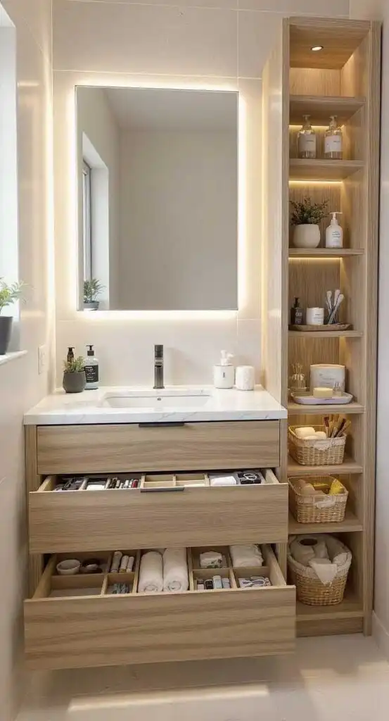 Modern bathroom vanity with open drawers and shelves, featuring organized toiletries, towels, illuminated mirror, and