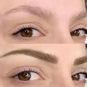 Microblading vs_ Eyebrow Tattooing_ Whats the REAL difference_ Close-up of a woman's eyes showing before and after eyebrow microblading. The transformation highlights fuller, well-defined brows. | Sky Rye Design Close-up of a woman's eyes showing before and after eyebrow microblading. The transformation highlights fuller, well-defined brows.