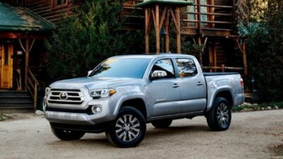 Silver pickup truck parked in front of a wooden cabin, surrounded by greenery and trees.