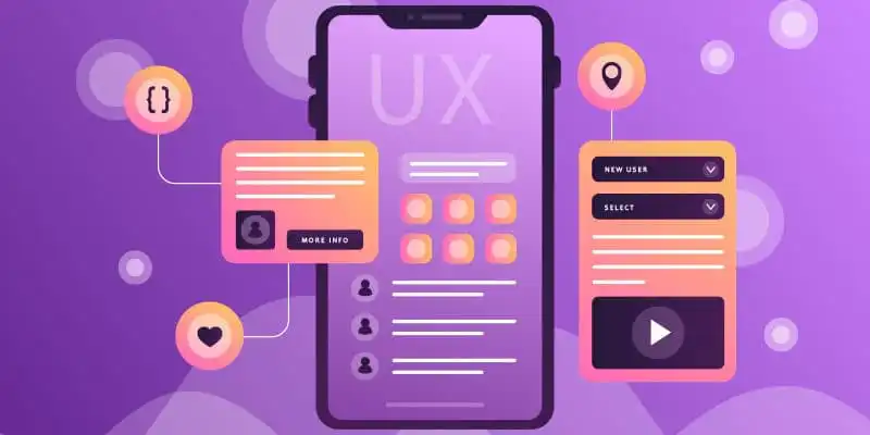 Illustration of UX design elements on a smartphone interface, highlighting user profiles, settings, and interactive features.