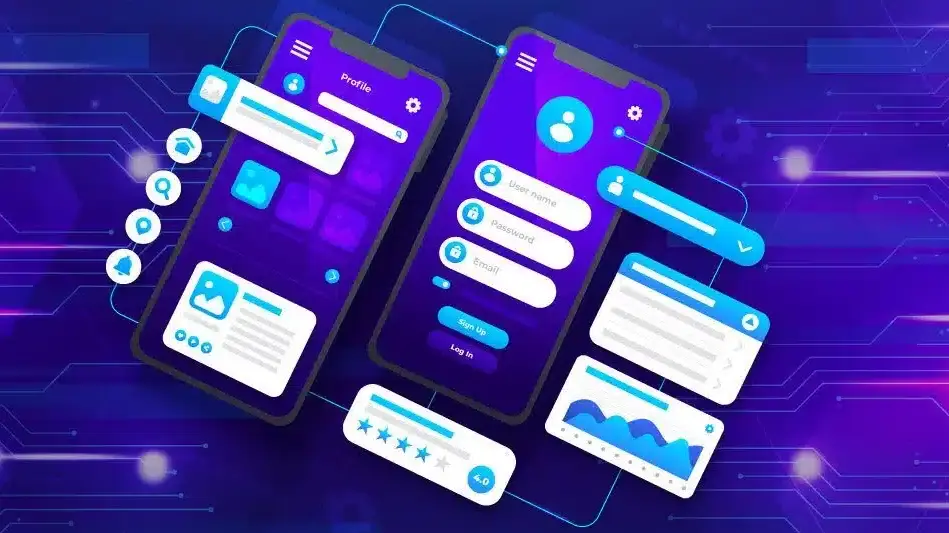 Mobile-App-Design-Fundamentals-Comparing-UI-and-UX Colorful digital illustration of mobile app interface with user login screens and analytics, set against a tech-inspired background. | Sky Rye Design Colorful digital illustration of mobile app interface with user login screens and analytics, set against a tech-inspired background.