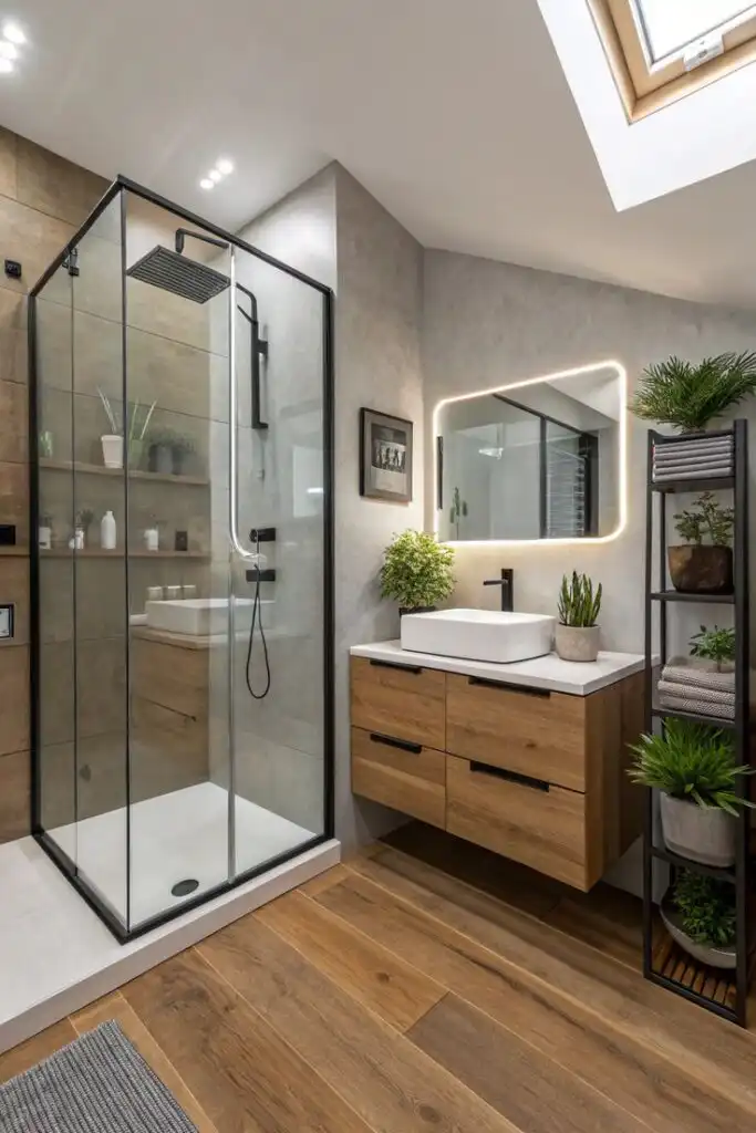 Modern Bathroom Design Ideas Modern bathroom with glass shower, wooden vanity, round mirror, and potted plants. Skylight enhances the cozy, contemporary design. | Sky Rye Design Modern bathroom with glass shower, wooden vanity, round mirror, and potted plants. Skylight enhances the cozy, contemporary design.