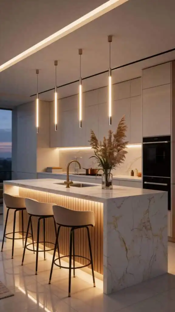 Modern kitchen interior with marble island, pendant lights, and bar stools, featuring elegant decor and ambient lighting.