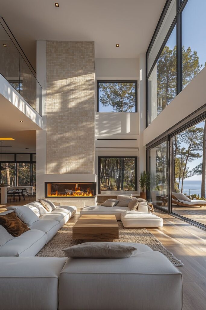 Modern Elegance Meets Nature_ Discover Tranquil Sustainable Living Spaces with Timeless Allure Luxurious modern living room with high ceilings, large windows, cozy white sofas, and a fireplace, offering a scenic forest view. | Sky Rye Design Luxurious modern living room with high ceilings, large windows, cozy white sofas, and a fireplace, offering a scenic forest view.