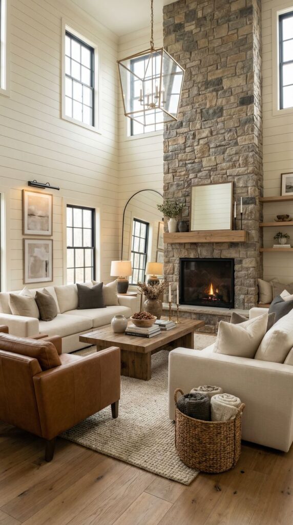 Modern Rustic FarmHouse Living Room The Cozy-Lux Look Everyone Saves Cozy living room with stone fireplace, modern decor, neutral sofas, and wooden accents. Warm ambiance and stylish design. | Sky Rye Design Cozy living room with stone fireplace, modern decor, neutral sofas, and wooden accents. Warm ambiance and stylish design.
