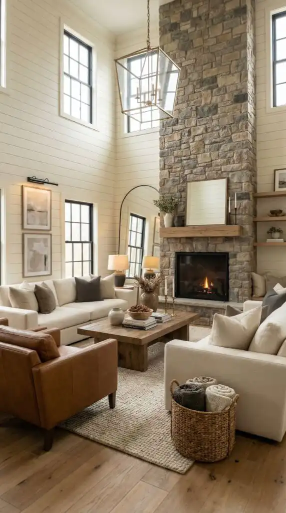 Cozy living room with stone fireplace, modern decor, neutral sofas, and wooden accents. Warm ambiance and stylish design.