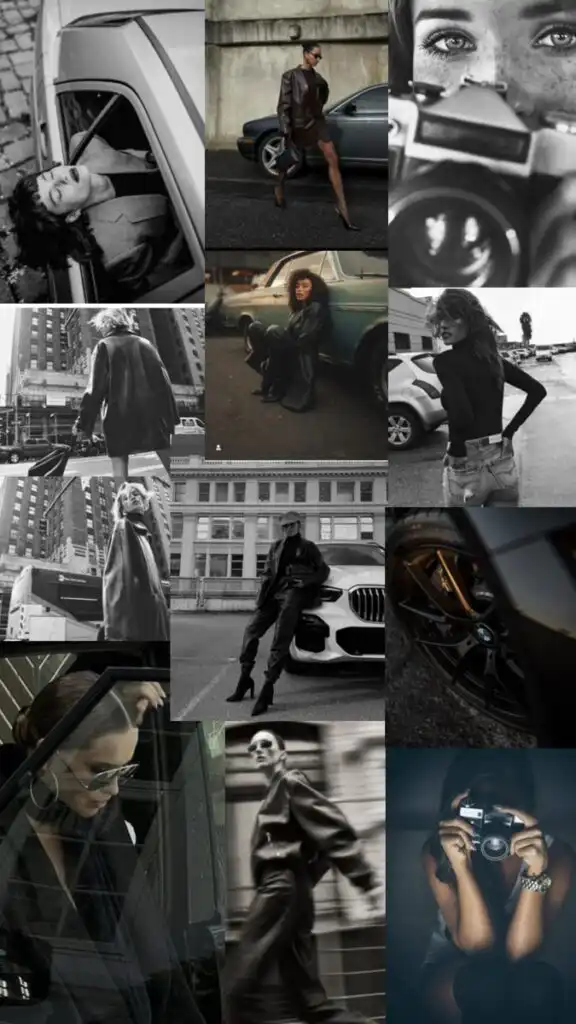 Moodboard 1 Collage of stylish women in urban settings, featuring fashion, cars, and photography in black and white and color. | Sky Rye Design Collage of stylish women in urban settings, featuring fashion, cars, and photography in black and white and color.