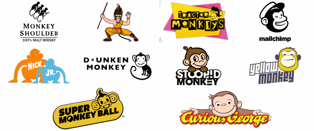 Various monkey-themed logos including Monkey Shoulder, Nick Jr., Drunken Monkey, Super Monkey Ball, and Curious George.