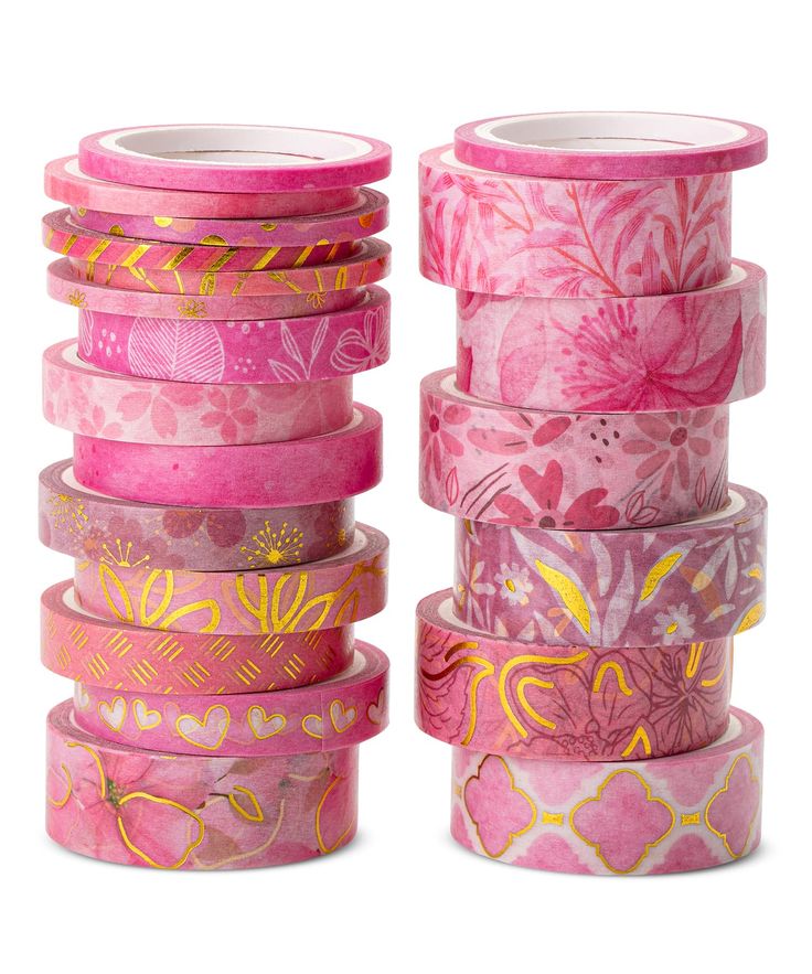 Version 100 Stacks of pink decorative washi tapes with floral and geometric patterns, perfect for crafts and DIY projects. | Sky Rye Design Stacks of pink decorative washi tapes with floral and geometric patterns, perfect for crafts and DIY projects.