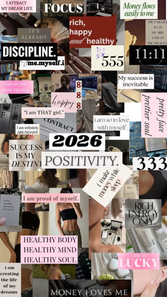 My Glow Up Era_ A Manifestation Vision Board for Success Abundance Collage of motivational and success-oriented phrases for positivity and self-improvement, featuring words like discipline and focus. | Sky Rye Design Collage of motivational and success-oriented phrases for positivity and self-improvement, featuring words like discipline and focus.