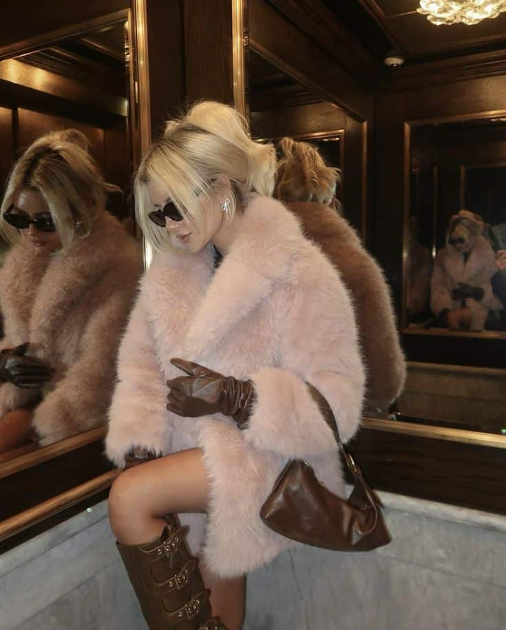 NYE Outfit Inspo_ Faux Fur Coat Outfit Woman in pink faux fur coat and sunglasses poses stylishly in a mirrored elevator, holding a brown bag. | Sky Rye Design Woman in pink faux fur coat and sunglasses poses stylishly in a mirrored elevator, holding a brown bag.