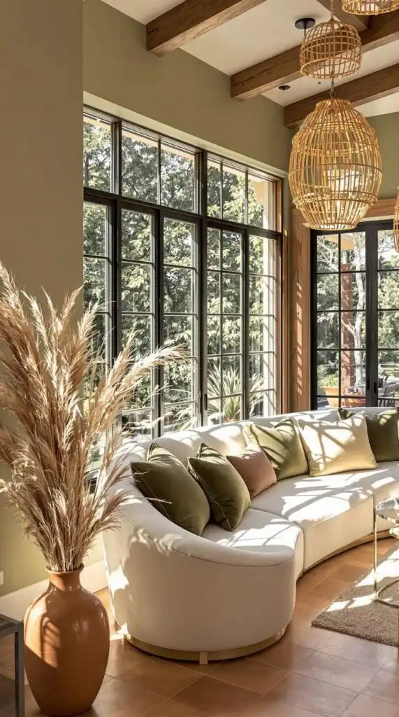 Cozy sunlit living room with curved sofa, green cushions, wooden beams, large windows, and natural decor for a serene
