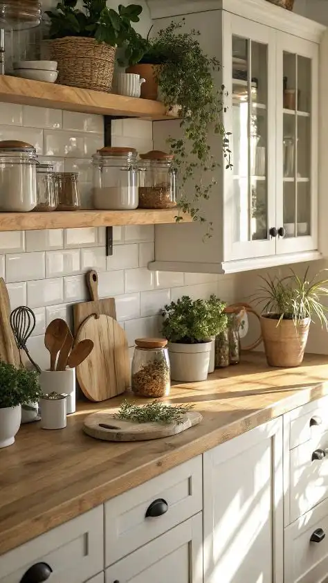 Cozy kitchen with wooden shelves, plants, glass jars, and cutting boards on a light wood countertop. Natural light and white