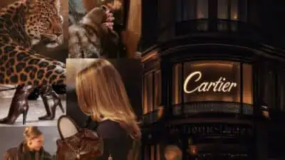 Collage featuring luxury fashion items, elegant woman, and iconic Cartier storefront at night, exuding opulence and sophistication.
