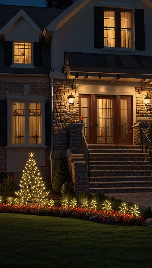 _Nexillumi Outdoor Lights_ Perfect for All Holiday Decorations_ Festive house with warm-lit windows and an illuminated outdoor Christmas tree in a beautifully landscaped garden at night. | Sky Rye Design Festive house with warm-lit windows and an illuminated outdoor Christmas tree in a beautifully landscaped garden at night.