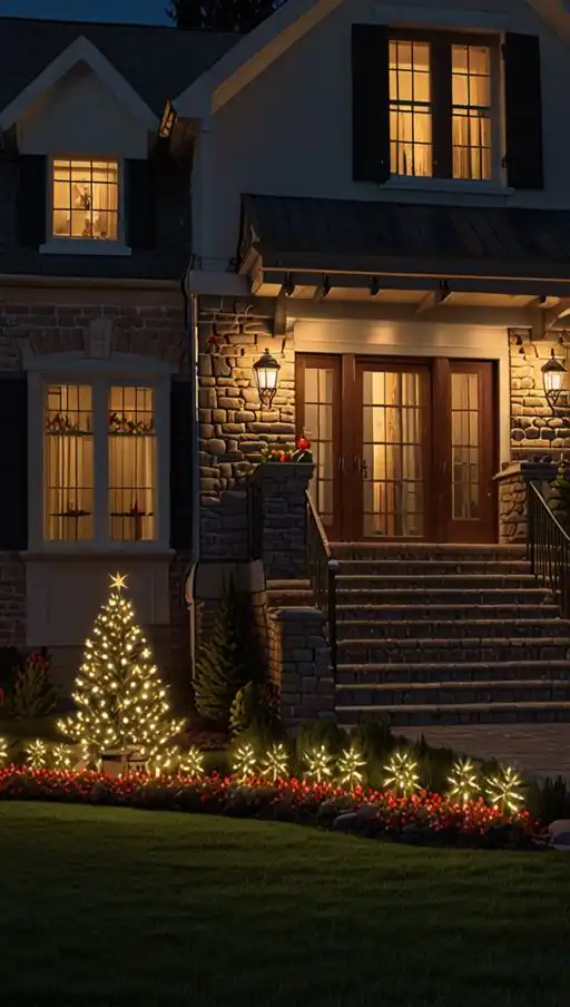 _Nexillumi Outdoor Lights_ Perfect for All Holiday Decorations_ Festive house with warm-lit windows and an illuminated outdoor Christmas tree in a beautifully landscaped garden at night. | Sky Rye Design Festive house with warm-lit windows and an illuminated outdoor Christmas tree in a beautifully landscaped garden at night.