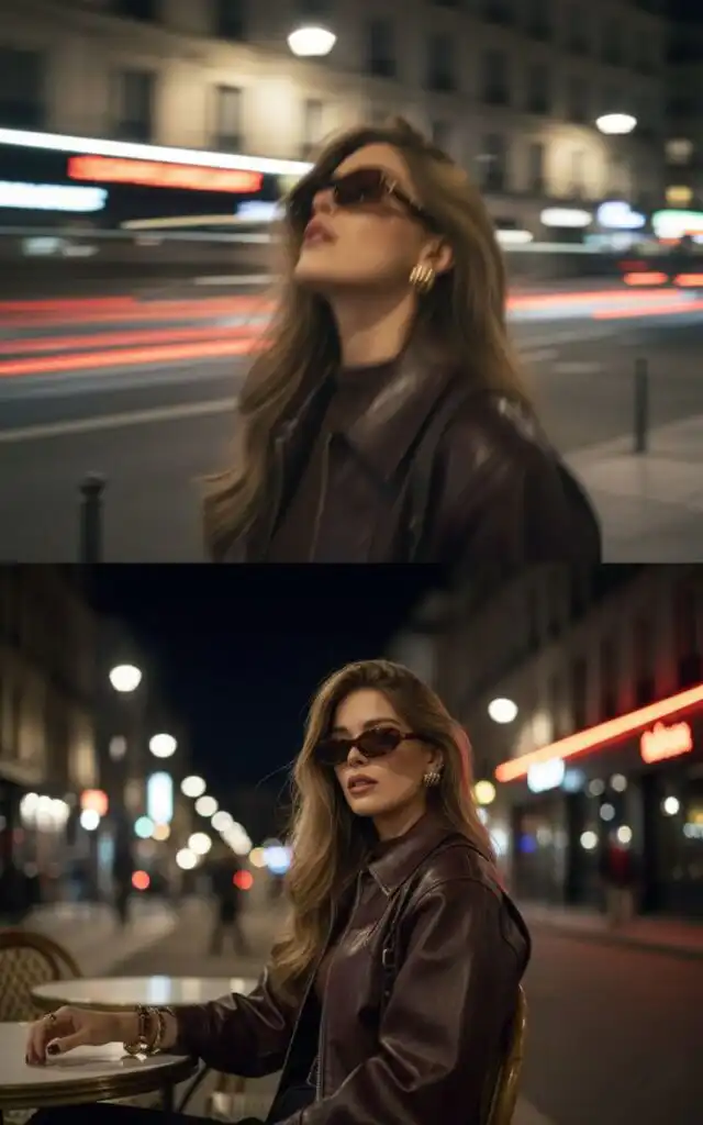Night Street Style Aesthetic ✨ Chic Urban Fashion Look Stylish woman in a leather jacket and sunglasses at night in a city, showcasing chic urban fashion with blurred lights in the background. | Sky Rye Design Stylish woman in a leather jacket and sunglasses at night in a city, showcasing chic urban fashion with blurred lights in the background.