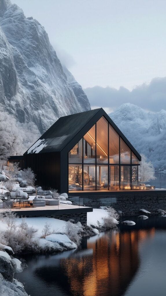 Modern glass cabin by snowy mountains, reflecting in serene lake, glowing warmly inside. Winter retreat architecture and nature scenery.