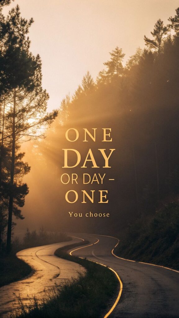 Inspirational sunrise over a winding road with motivational quote: One day or day one. You choose.