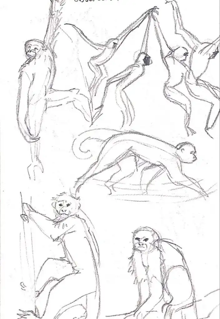 Sketch of monkeys in various dynamic poses, showcasing movement and agility with playful interactions and expressions.