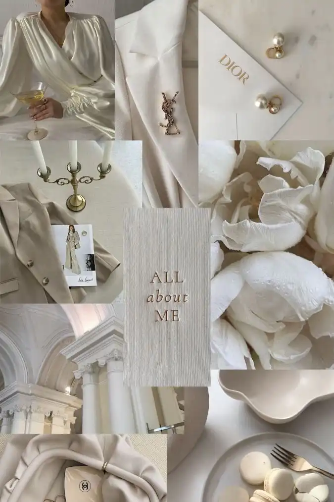 Collage of luxury fashion, candles, white flowers, and macarons, showcasing elegance and style. Perfect for lifestyle inspiration.