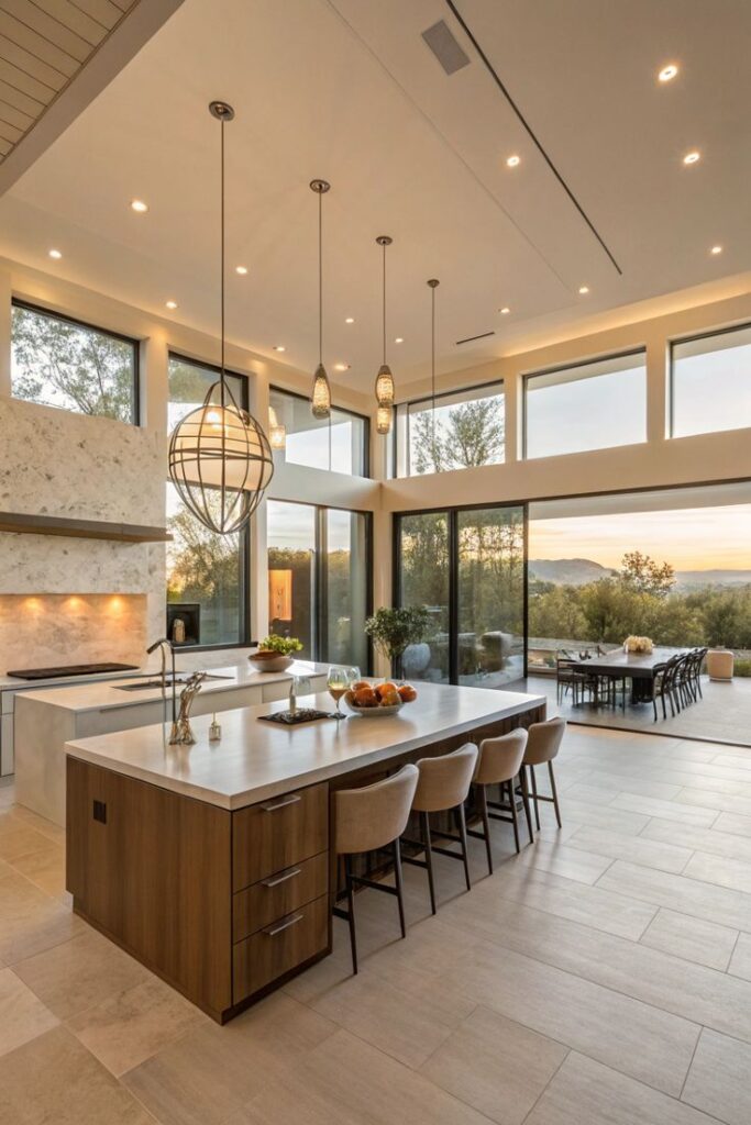 Open-Concept Kitchen Layouts Modern kitchen with large windows, elegant hanging lights, spacious island, and scenic outdoor view at sunset. Perfect for entertaining. | Sky Rye Design Modern kitchen with large windows, elegant hanging lights, spacious island, and scenic outdoor view at sunset. Perfect for entertaining.